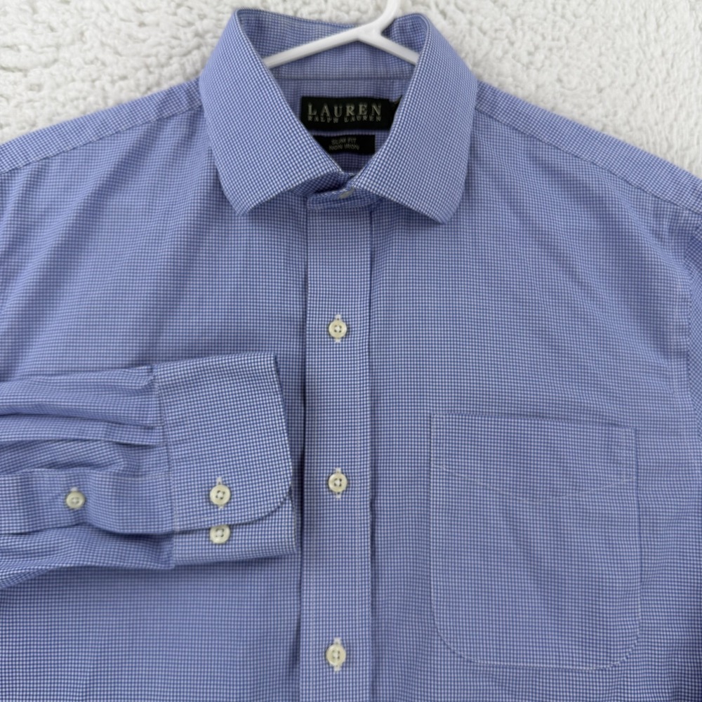 Lauren Ralph Lauren Shirt Mens 16 34/35 Blue Gingham Slim Fit Non Iron Dress
